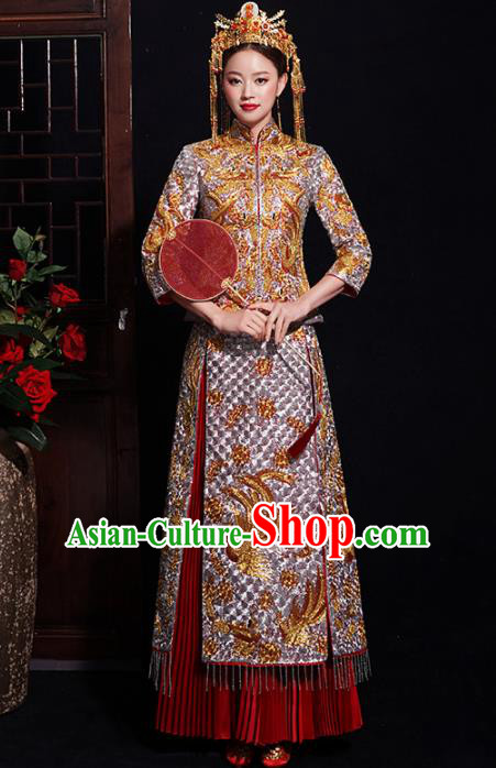 Chinese Traditional Bride Embroidered Diamante Xiuhe Suits Ancient Handmade Wedding Costumes for Women