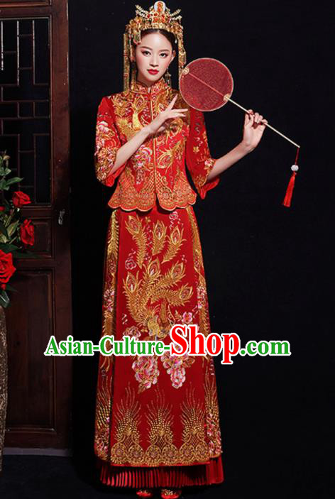 Chinese Traditional Bride Embroidered Phoenix Peony Xiuhe Suits Ancient Handmade Wedding Costumes for Women