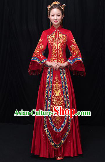 Chinese Traditional Bride Embroidered Red Xiuhe Suits Ancient Wedding Costumes for Women