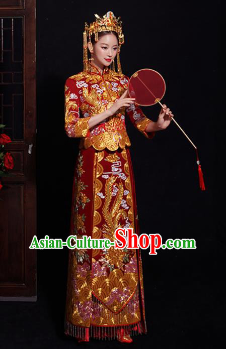 Chinese Traditional Bride Embroidered Red Xiuhe Suits Ancient Handmade Wedding Costumes for Women