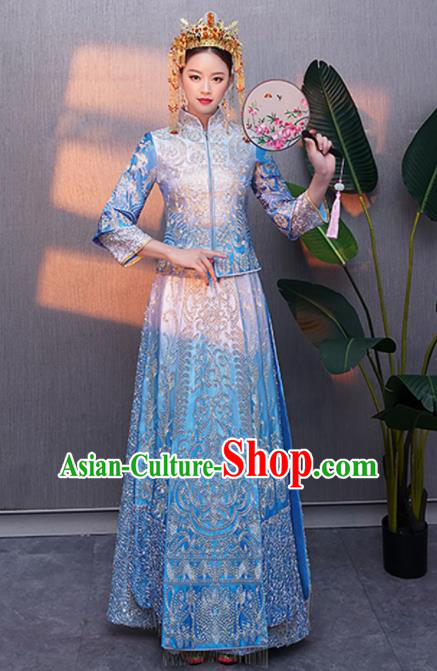 Chinese Traditional Bride Embroidered Blue Xiuhe Suits Ancient Handmade Wedding Costumes for Women