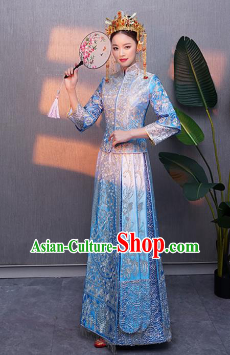 Chinese Traditional Bride Embroidered Blue Xiuhe Suits Ancient Handmade Wedding Costumes for Women