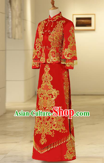 Chinese Traditional Bride Embroidered Xiuhe Suits Ancient Handmade Red Wedding Costumes for Women