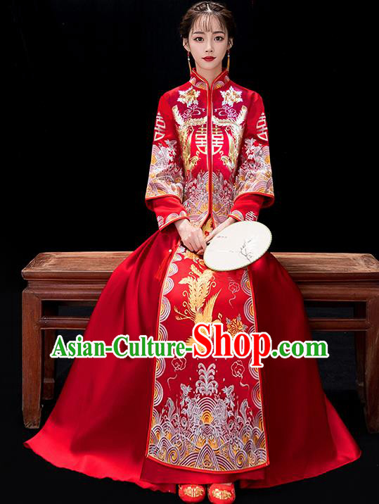 Chinese Traditional Bride Embroidered Phoenix Red Xiuhe Suits Ancient Wedding Costumes for Women