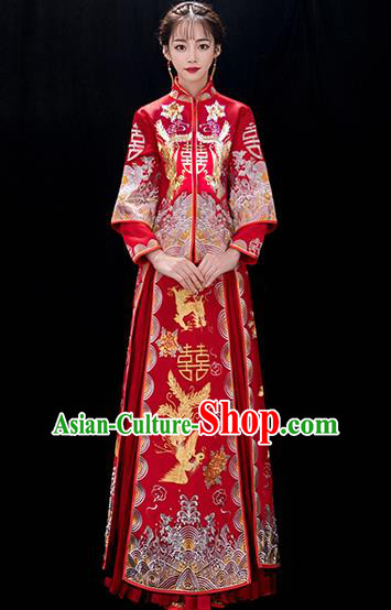 Chinese Traditional Bride Embroidered Phoenix Red Xiuhe Suits Ancient Handmade Wedding Costumes for Women