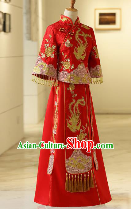 Chinese Traditional Bride Embroidered Phoenix Xiuhe Suits Ancient Handmade Red Wedding Costumes for Women