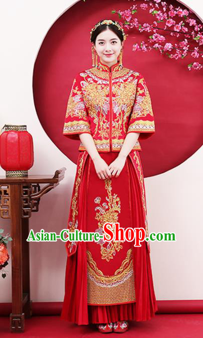 Chinese Traditional Bride Gilding Peony Red Xiuhe Suits Ancient Handmade Wedding Costumes for Women