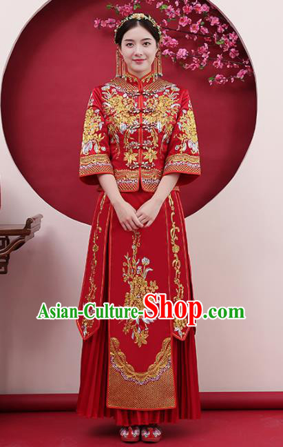 Chinese Traditional Bride Rhinestone Red Xiuhe Suits Ancient Handmade Wedding Costumes for Women