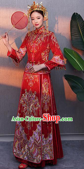 Chinese Traditional Bride Rhinestone Red Xiuhe Suits Ancient Handmade Embroidered Wedding Costumes for Women