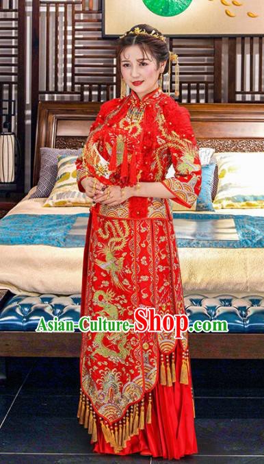 Chinese Traditional Bride Dragon Phoenix Red Xiuhe Suits Ancient Handmade Embroidered Wedding Costumes for Women