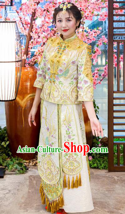 Chinese Traditional Bride Golden Xiuhe Suits Ancient Handmade Embroidered Wedding Costumes for Women