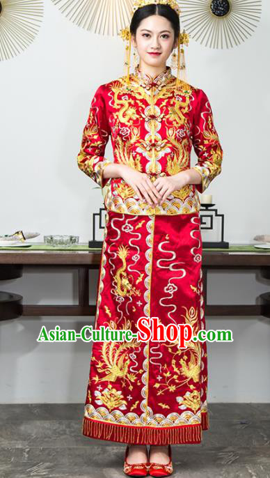 Chinese Traditional Bride Red Silk Xiuhe Suits Ancient Handmade Embroidered Wedding Costumes for Women