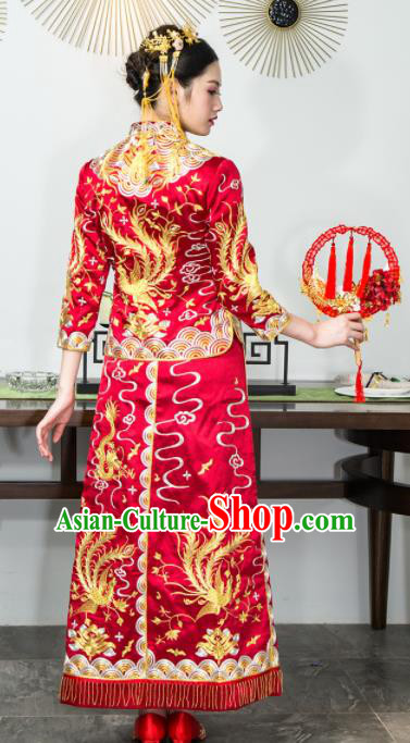 Chinese Traditional Bride Red Silk Xiuhe Suits Ancient Handmade Embroidered Wedding Costumes for Women