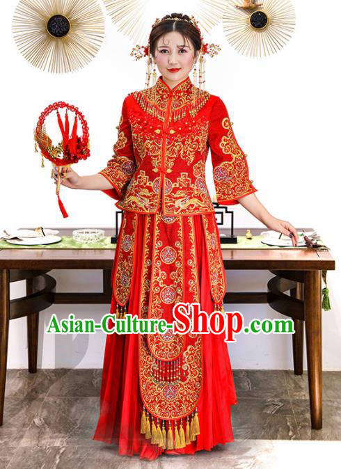 Chinese Traditional Bride Xiuhe Suits Ancient Handmade Embroidered Red Wedding Costumes for Women