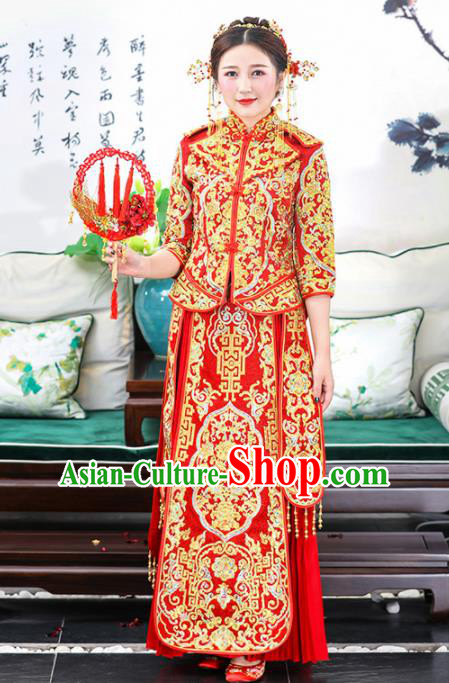 Chinese Traditional Bride Xiuhe Suits Ancient Handmade Golden Embroidered Wedding Costumes for Women