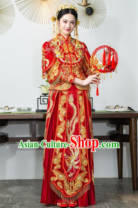 Chinese Traditional Bride Xiuhe Suits Ancient Handmade Red Embroidered Wedding Dresses for Women