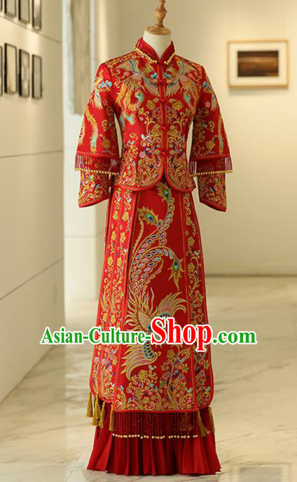 Chinese Traditional Bride Xiuhe Suits Ancient Handmade Red Embroidered Phoenix Wedding Dresses for Women