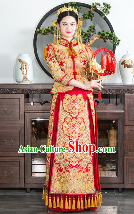 Chinese Traditional Bride Xiuhe Suits Ancient Handmade Red Embroidered Peony Wedding Dresses for Women