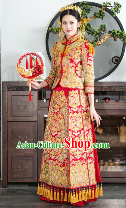 Chinese Traditional Bride Xiuhe Suits Ancient Handmade Red Embroidered Peony Wedding Dresses for Women