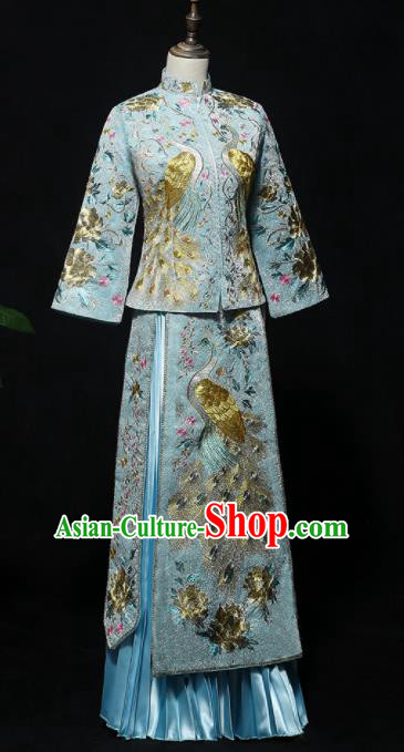 Chinese Traditional Bride Blue Xiuhe Suits Ancient Handmade Embroidered Peacock Wedding Dresses for Women