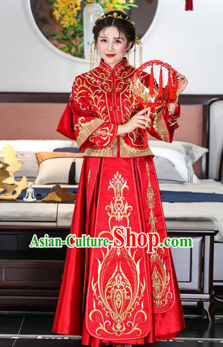 Chinese Traditional Bride Red Xiuhe Suits Ancient Handmade Embroidered Wedding Dresses for Women