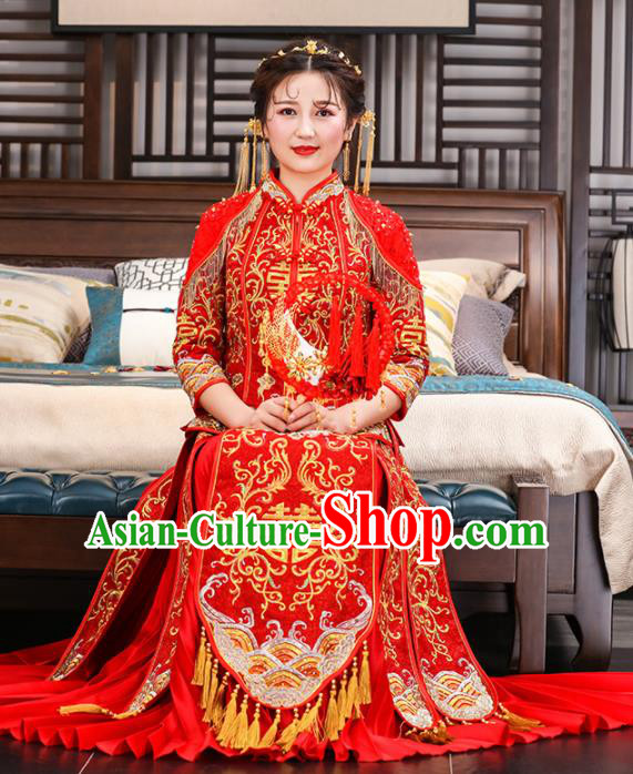 Chinese Traditional Bride Red Embroidered Xiuhe Suits Ancient Handmade Wedding Dresses for Women