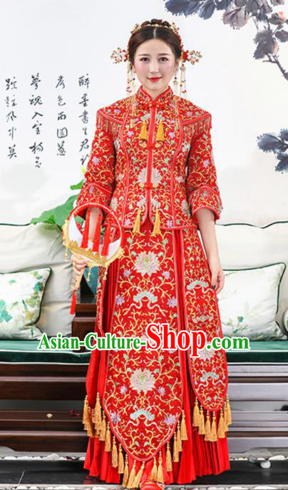 Chinese Traditional Bride Red Embroidered Lotus Xiuhe Suits Ancient Handmade Wedding Dresses for Women