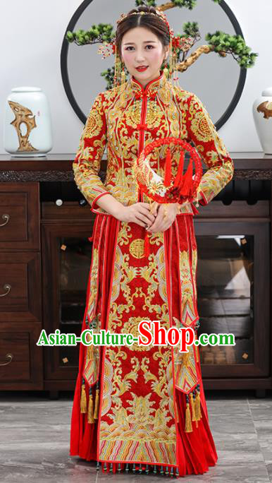 Chinese Traditional Bride Embroidered Red Xiuhe Suits Ancient Handmade Wedding Dresses for Women