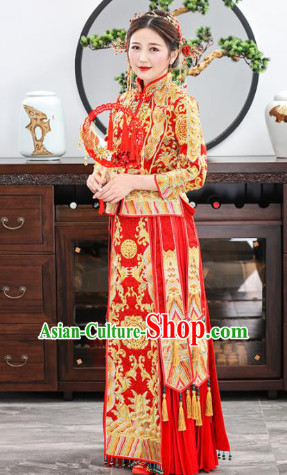 Chinese Traditional Bride Embroidered Red Xiuhe Suits Ancient Handmade Wedding Dresses for Women