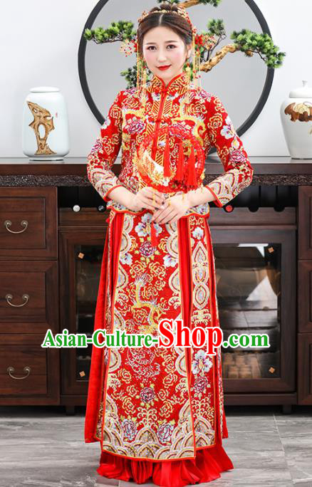 Chinese Traditional Bride Embroidered Dragon Red Xiuhe Suits Ancient Handmade Wedding Dresses for Women