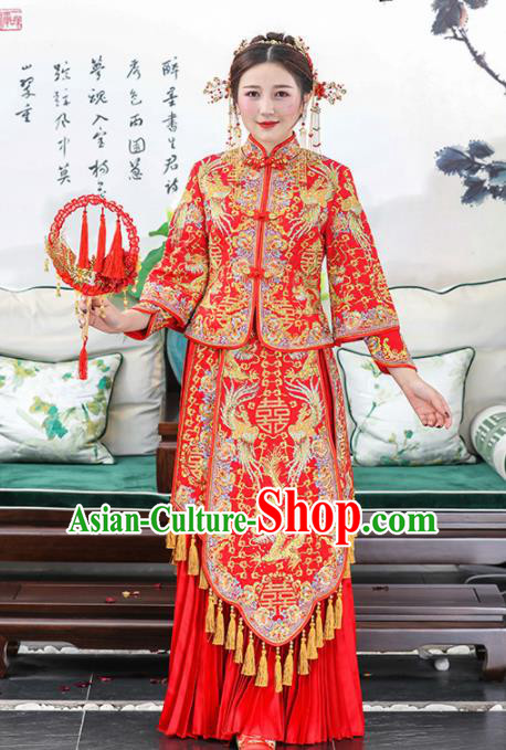 Chinese Traditional Bride Embroidered Dragon Phoenix Xiuhe Suits Ancient Handmade Red Wedding Dresses for Women