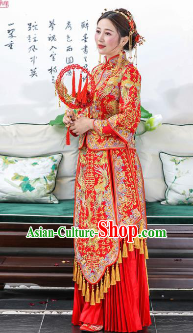 Chinese Traditional Bride Embroidered Dragon Phoenix Xiuhe Suits Ancient Handmade Red Wedding Dresses for Women