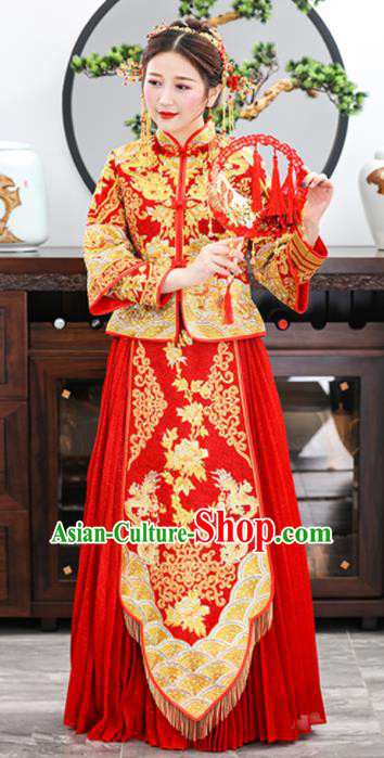 Chinese Traditional Bride Embroidered Dragons Peony Xiuhe Suits Ancient Handmade Red Wedding Dresses for Women