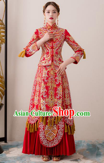 Chinese Traditional Bride Embroidered Diamante Xiuhe Suits Ancient Handmade Red Wedding Dresses for Women