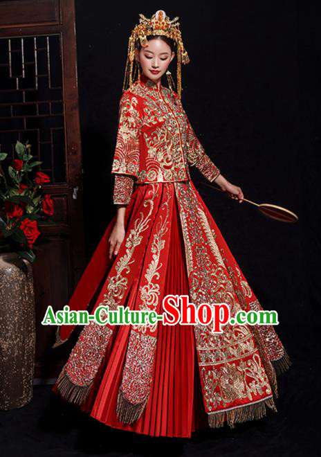 Chinese Traditional Bride Embroidered Tang Suit Xiuhe Suits Ancient Handmade Red Wedding Costumes for Women