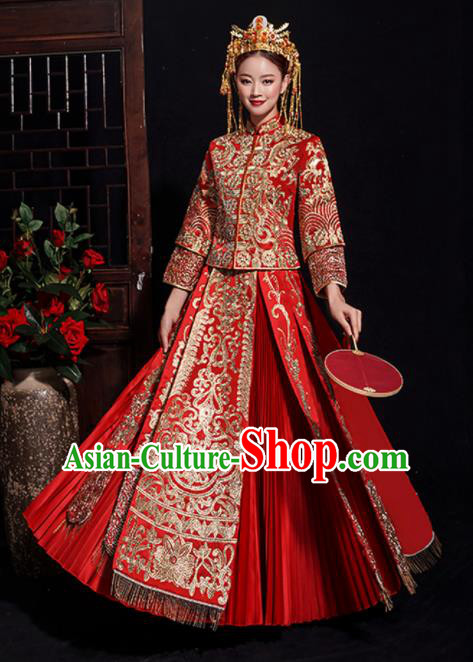Chinese Traditional Bride Embroidered Tang Suit Xiuhe Suits Ancient Handmade Red Wedding Costumes for Women