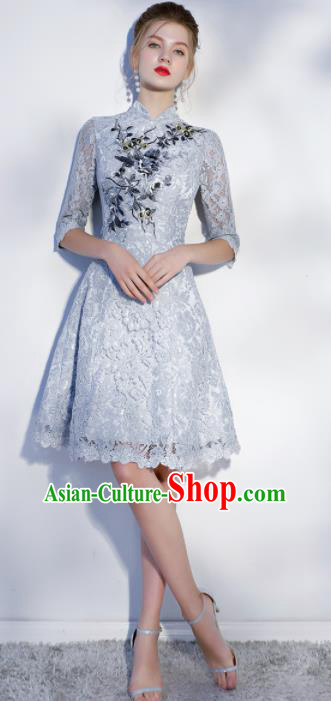 Chinese Traditional Bride Embroidered Slim Cheongsam Ancient Handmade Grey Lace Wedding Dress for Women