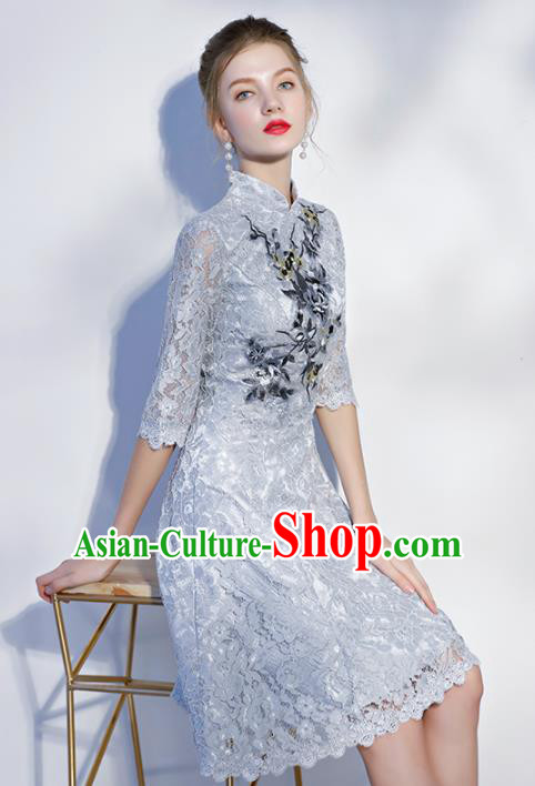 Chinese Traditional Bride Embroidered Slim Cheongsam Ancient Handmade Grey Lace Wedding Dress for Women
