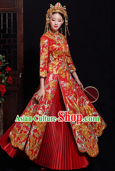 Chinese Traditional Bride Embroidered Peony Tang Suit Xiuhe Suits Ancient Handmade Red Wedding Costumes for Women