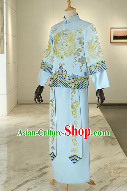 Chinese Traditional Wedding Blue Gown Ancient Bridegroom Embroidered Costumes for Men