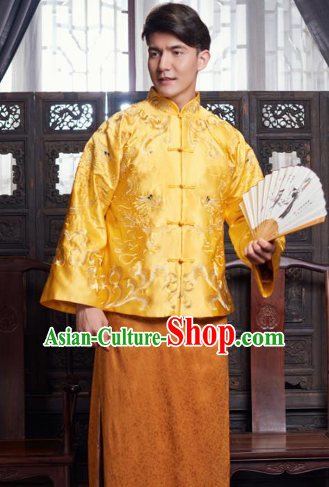 Chinese Traditional Wedding Golden Gown Ancient Bridegroom Embroidered Costumes for Men