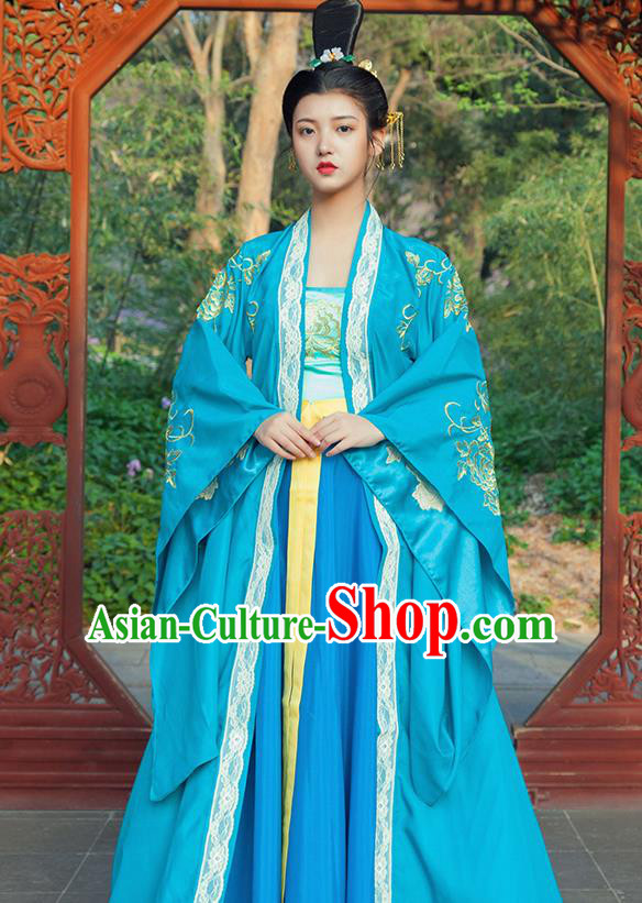 Traditional Chinese Tang Dynasty Imperial Consort Blue Hanfu Dress Ancient Drama Peri Goddess Costumes for Women