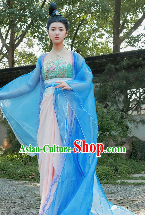 Traditional Chinese Tang Dynasty Palace Dancer Blue Hanfu Dress Ancient Drama Flying Peri Costumes for Women