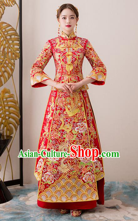 Chinese Traditional Bride Embroidered Cheongsam Ancient Handmade Xiuhe Suits Wedding Dress for Women