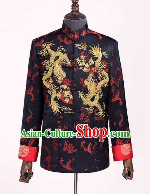 Chinese Traditional Wedding Black Shirt Ancient Bridegroom Embroidered Dragons Costumes for Men