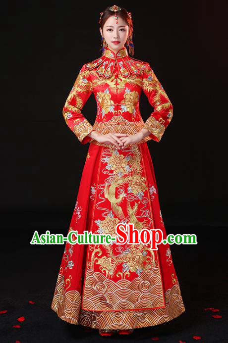 Chinese Traditional Embroidered Peony Cheongsam Ancient Bride Handmade Xiuhe Suits Wedding Dress for Women