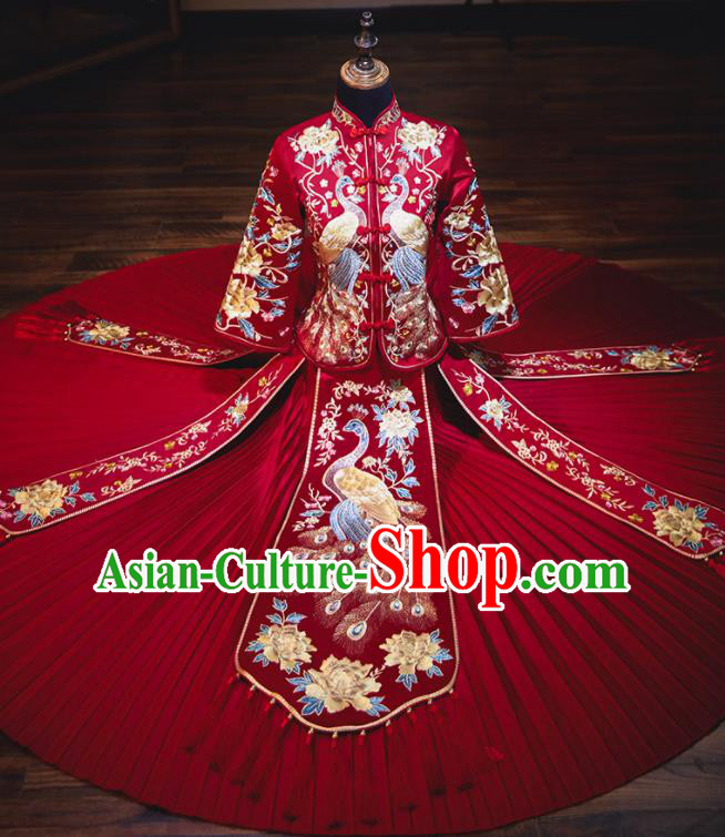 Chinese Traditional Embroidered Cranes Cheongsam Ancient Bride Handmade Xiuhe Suits Wedding Dress for Women