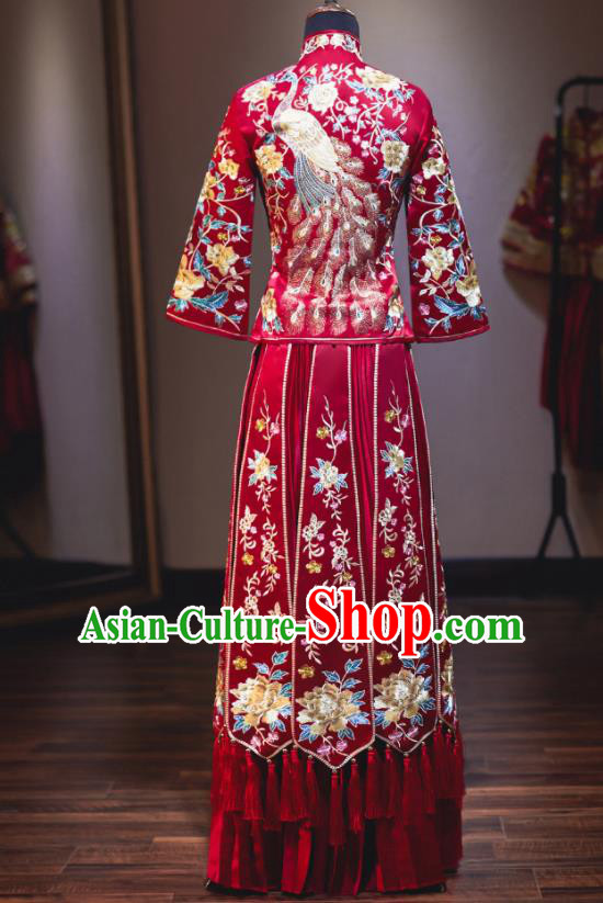 Chinese Traditional Embroidered Cranes Cheongsam Ancient Bride Handmade Xiuhe Suits Wedding Dress for Women