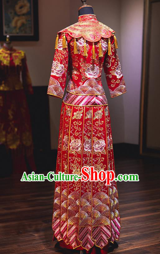 Chinese Traditional Embroidered Phoenix Cheongsam Ancient Bride Handmade Xiuhe Suits Wedding Dress for Women
