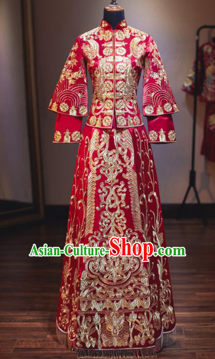Chinese Traditional Embroidered Wedding Dress Cheongsam Ancient Bride Handmade Xiuhe Suits Costumes for Women